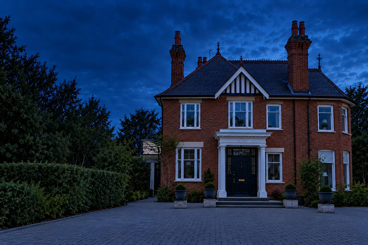 An illustrative red-brick English home at dusk